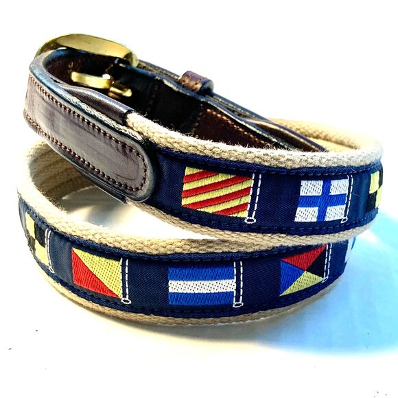 Tory Leather Nautical Plaid Canvas Leather Belt Size 26 XS Preppy Womens Boys - Picture 3 of 15